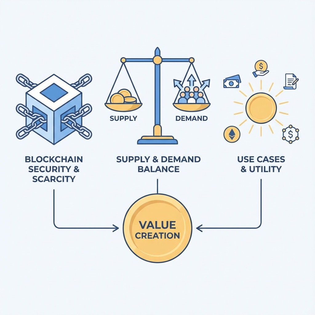 仮想通貨の価値が生まれる仕組みのイラスト